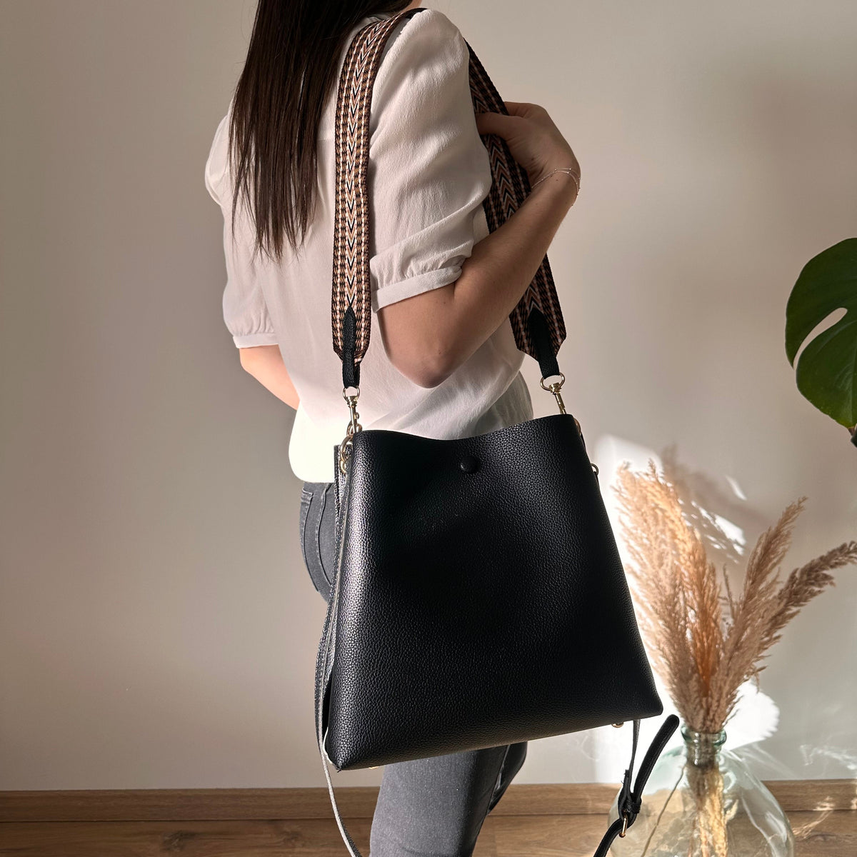 Bucket Bag Faux Leather Pebbled with Canvas Strap and Zip