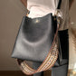 Bucket Bag Faux Leather Pebbled with Canvas Strap and Zip