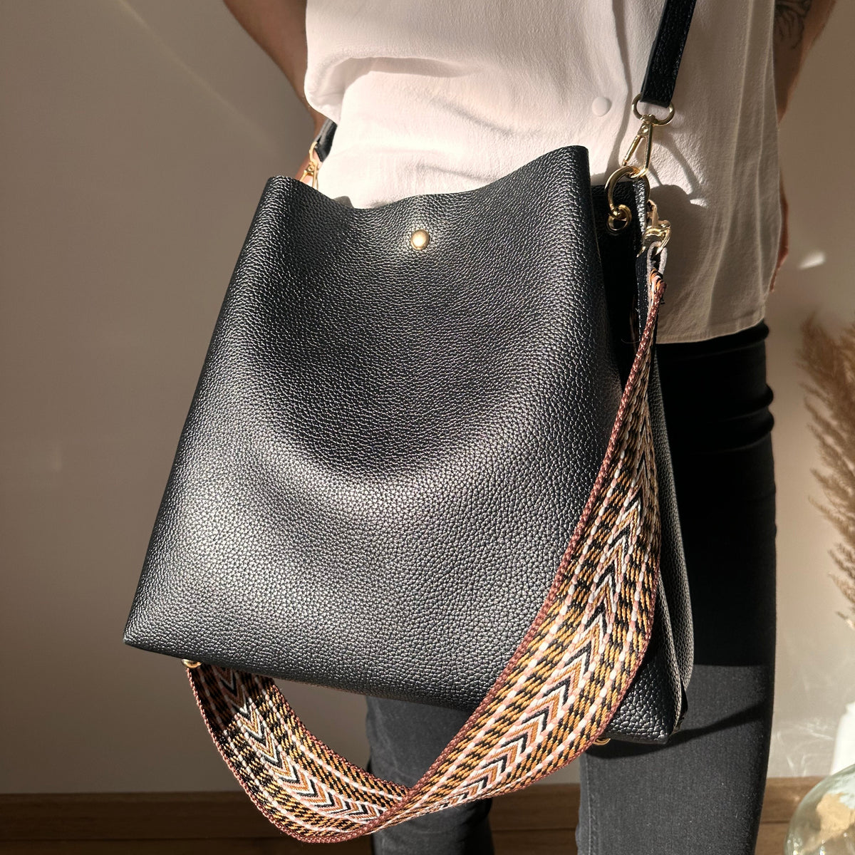 Bucket Bag Faux Leather Pebbled with Canvas Strap and Zip