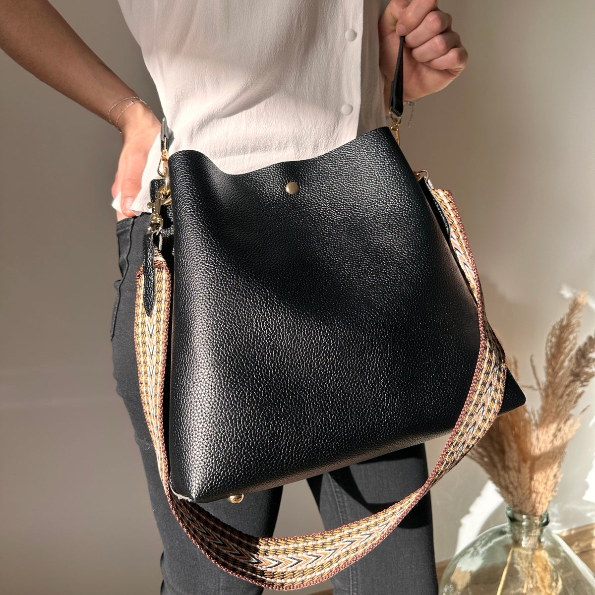 Bucket Bag Faux Leather Pebbled with Canvas Strap and Zip