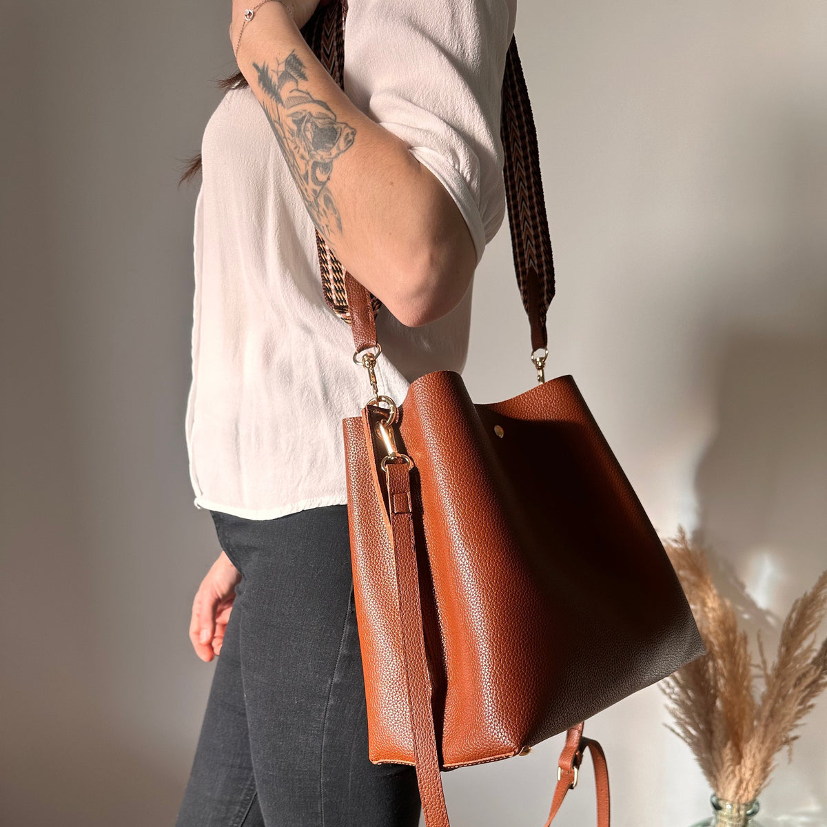Bucket Bag Faux Leather Pebbled with Canvas Strap and Zip