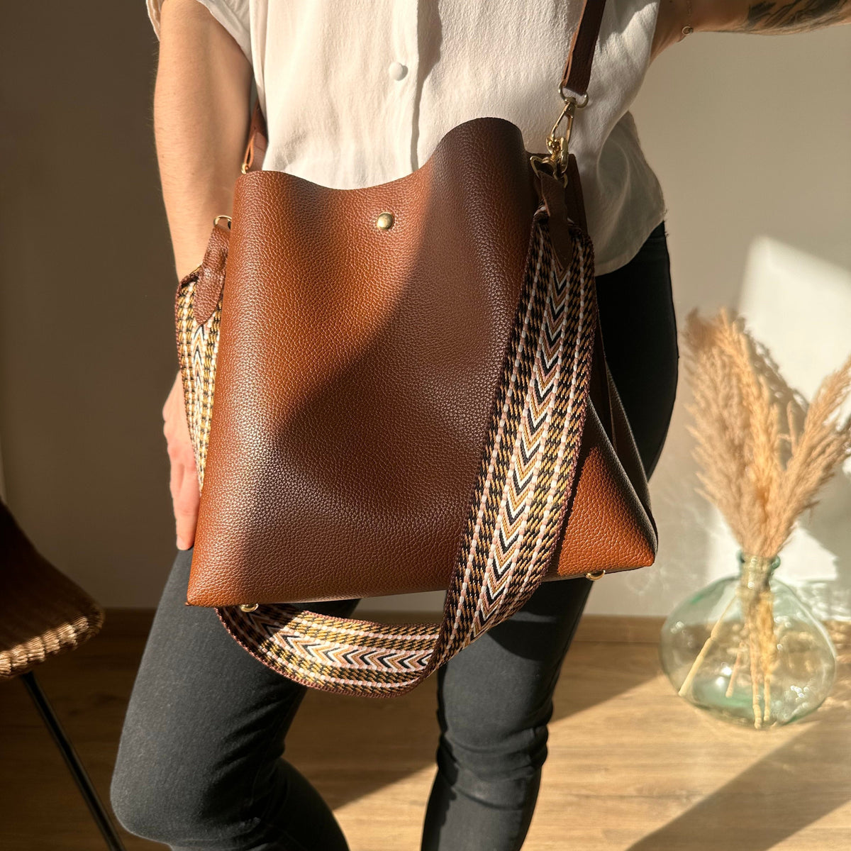 Bucket Bag Faux Leather Pebbled with Canvas Strap and Zip