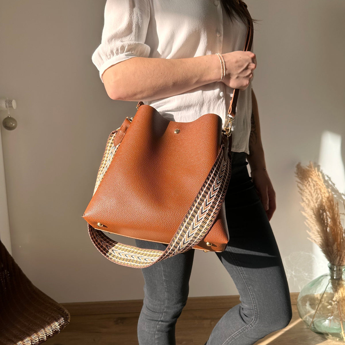 Bucket Bag Faux Leather Pebbled with Canvas Strap and Zip