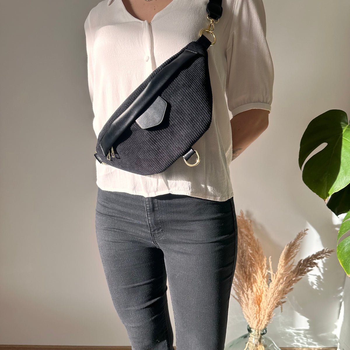 Belt Bag Corduroy with Faux Leather Trim and Removable Strap
