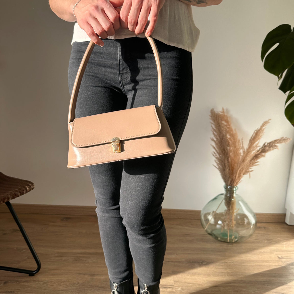 Shoulder Bag Faux Leather with Gold-Tone Hardware