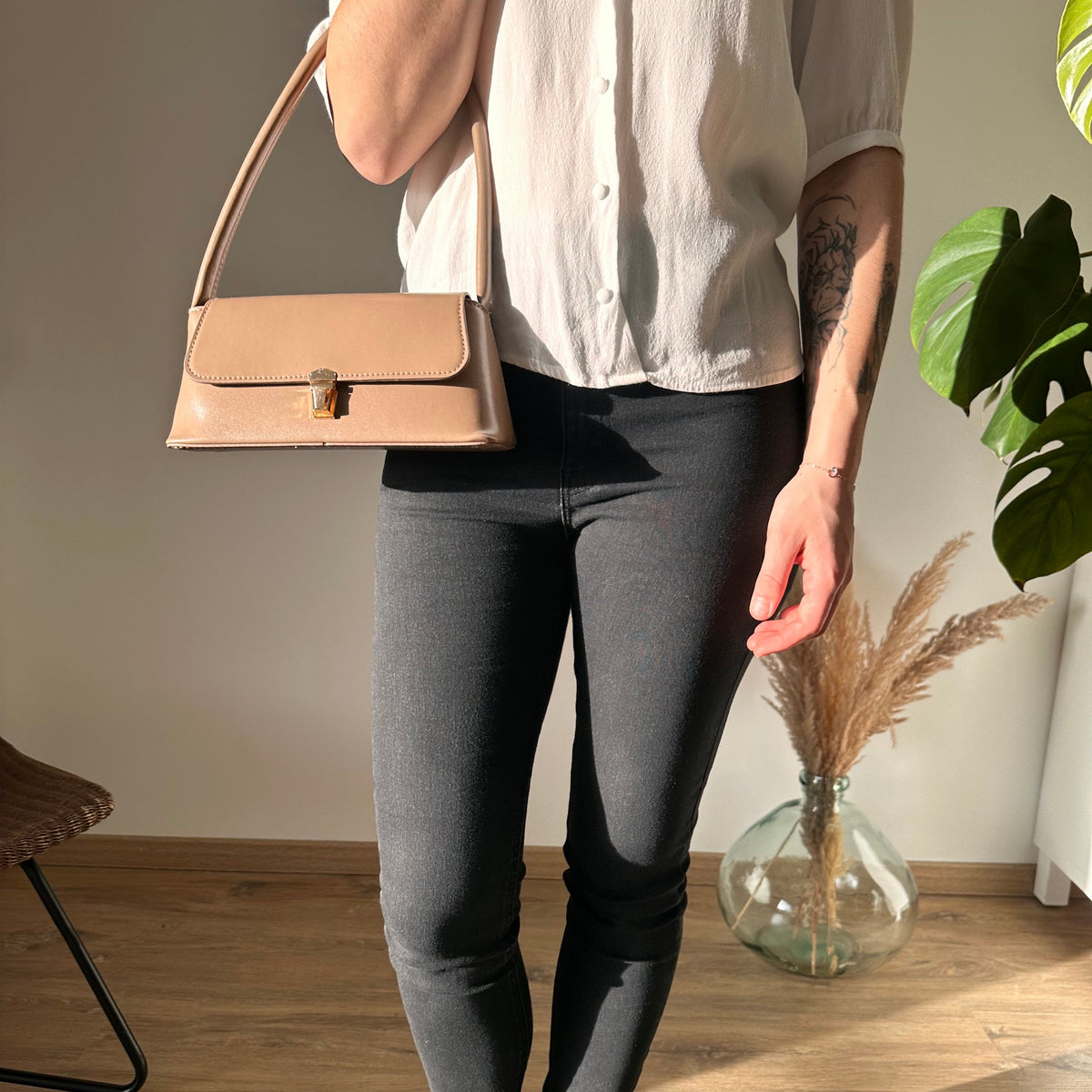 Shoulder Bag Faux Leather with Gold-Tone Hardware