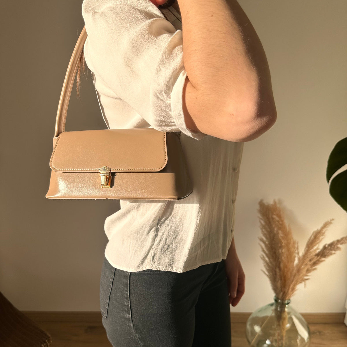 Shoulder Bag Faux Leather with Gold-Tone Hardware