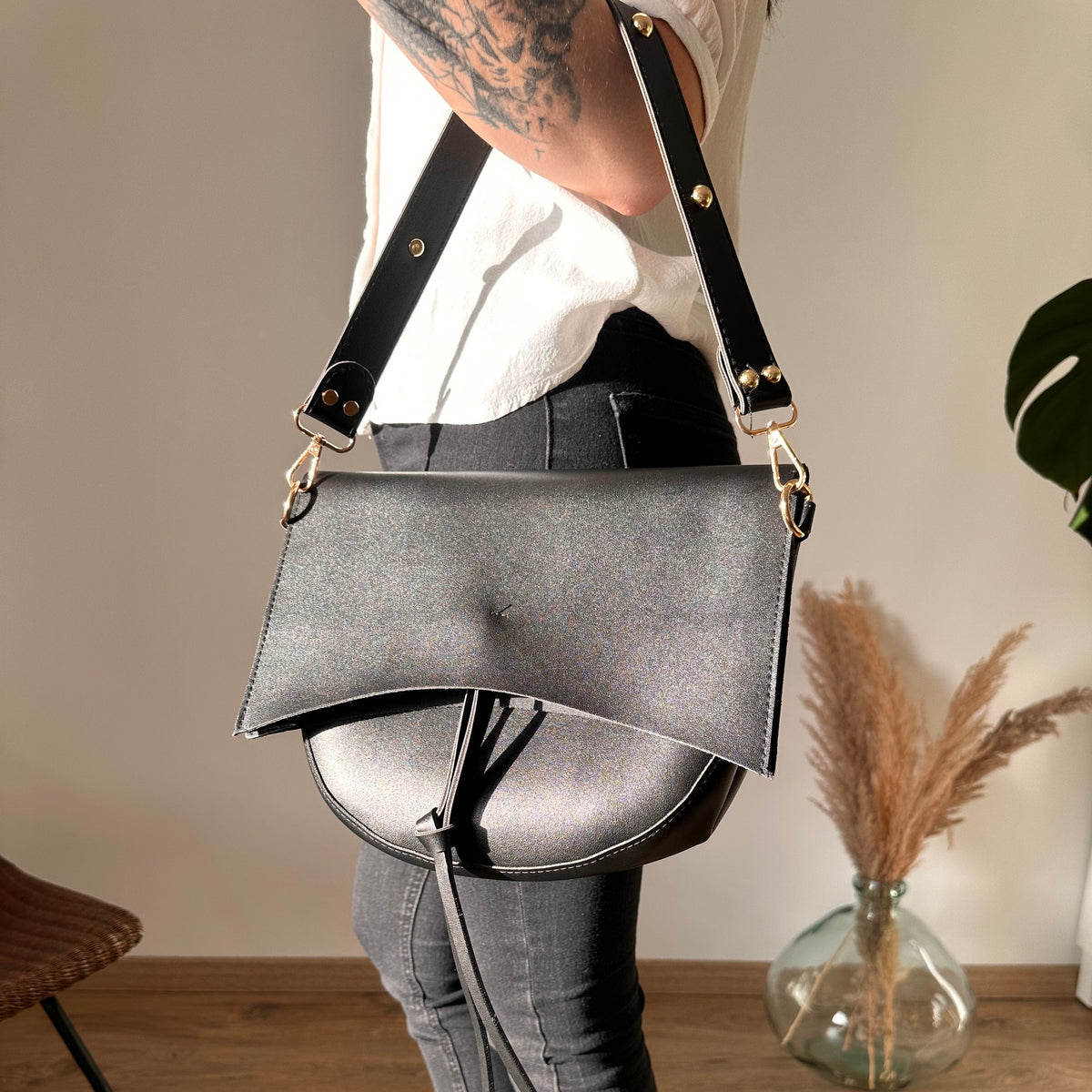 Crossbody Bag Faux Leather with Two Straps, Tassel and Snap Closure