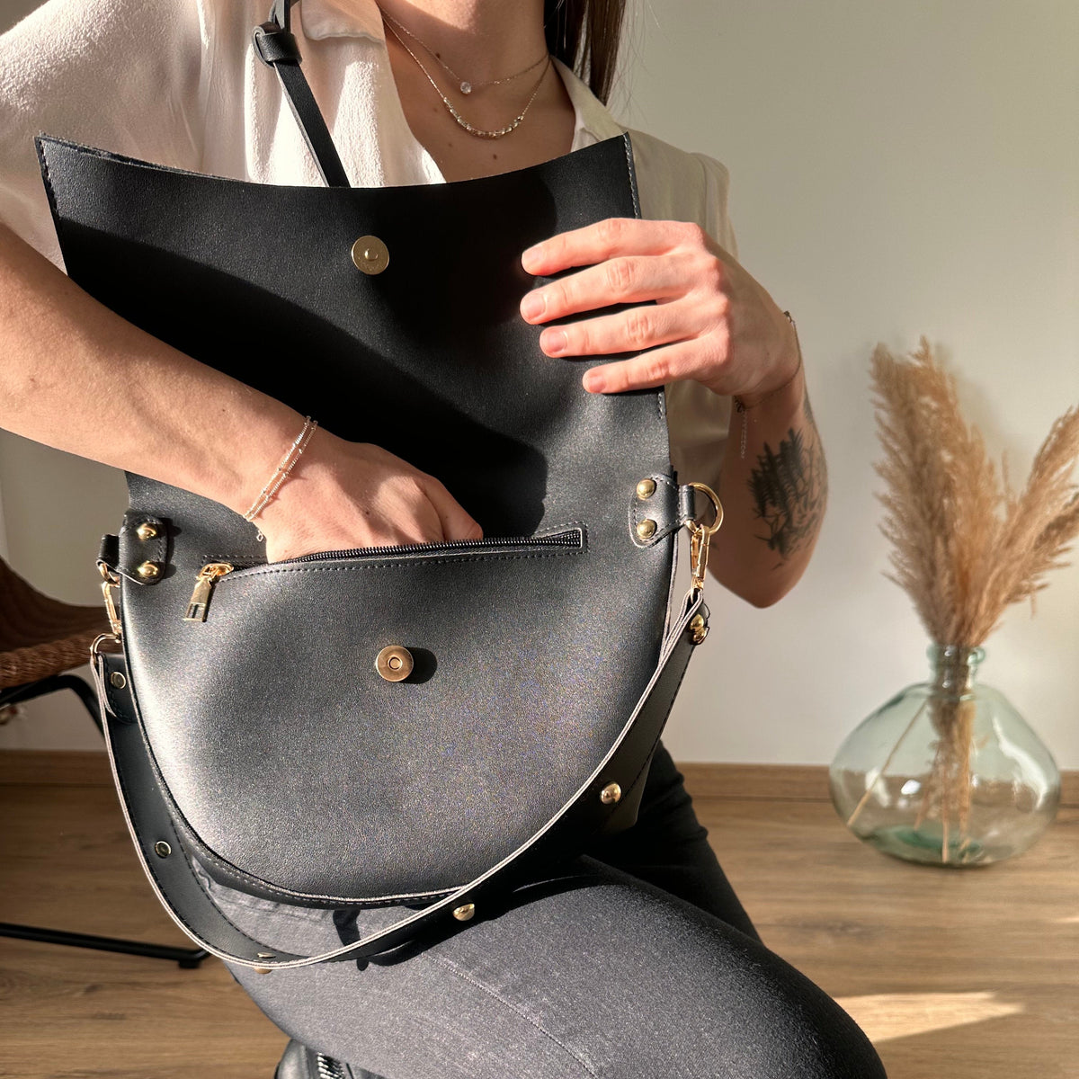Crossbody Bag Faux Leather with Two Straps, Tassel and Snap Closure