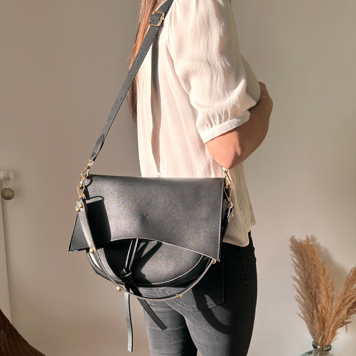 Crossbody Bag Faux Leather with Two Straps, Tassel and Snap Closure
