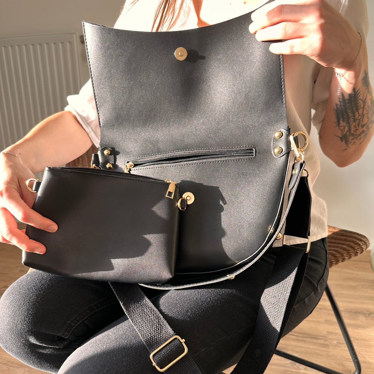Crossbody Bag Faux Leather with Two Straps, Tassel and Snap Closure