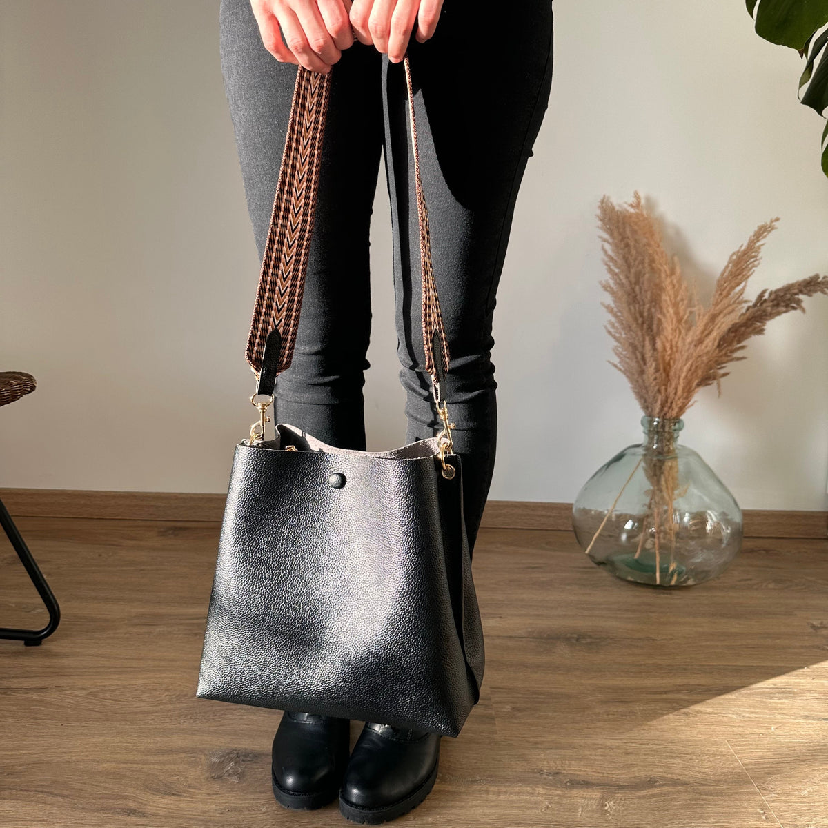 Bucket Bag Faux Leather Pebbled with Canvas Strap and Zip