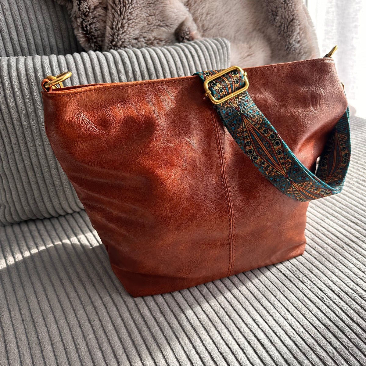 Crossbody Bag Faux Leather with Fabric Strap and Zip Pocket