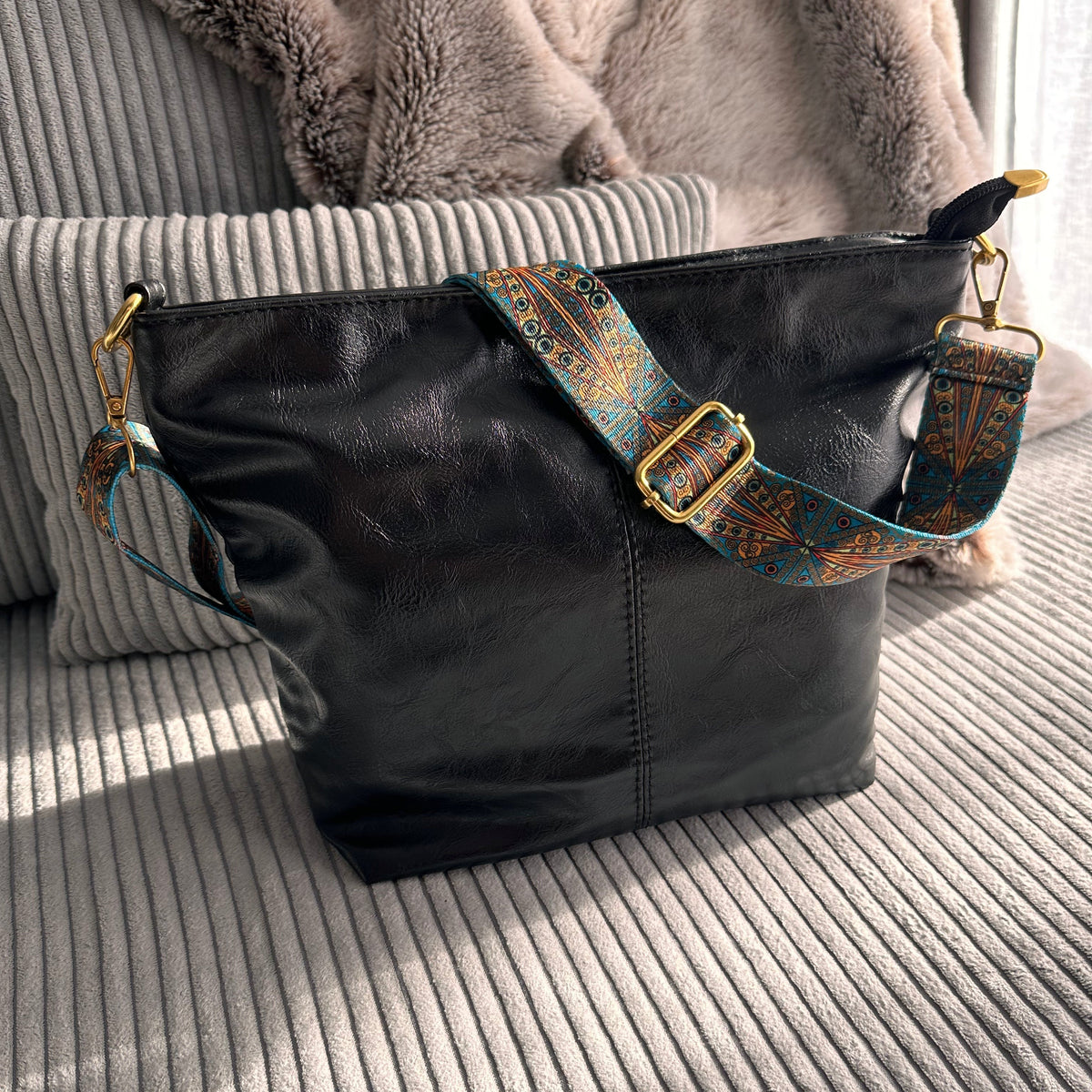 Crossbody Bag Faux Leather with Fabric Strap and Zip Pocket