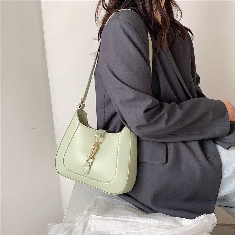 Shoulder Bag Faux Leather with Metallic Latch and Two Straps
