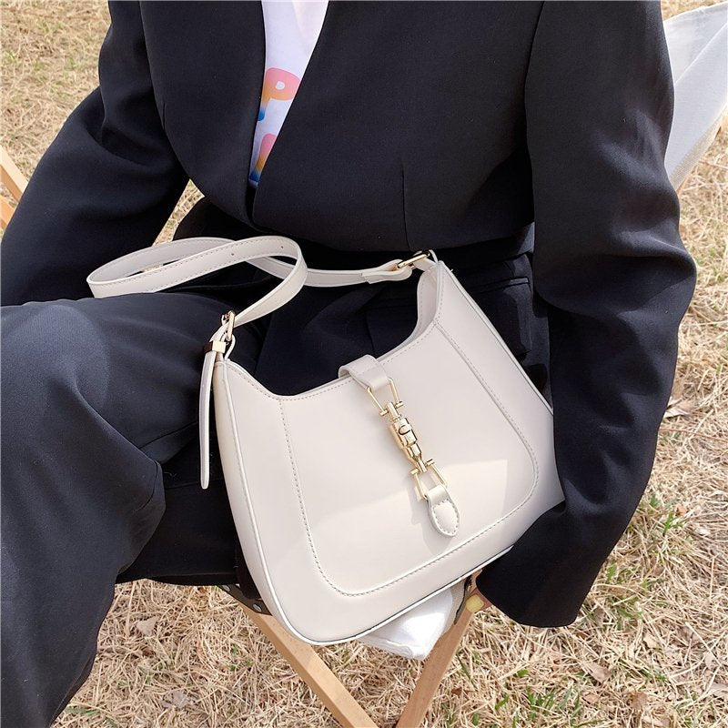 Shoulder Bag Faux Leather with Metallic Latch and Two Straps
