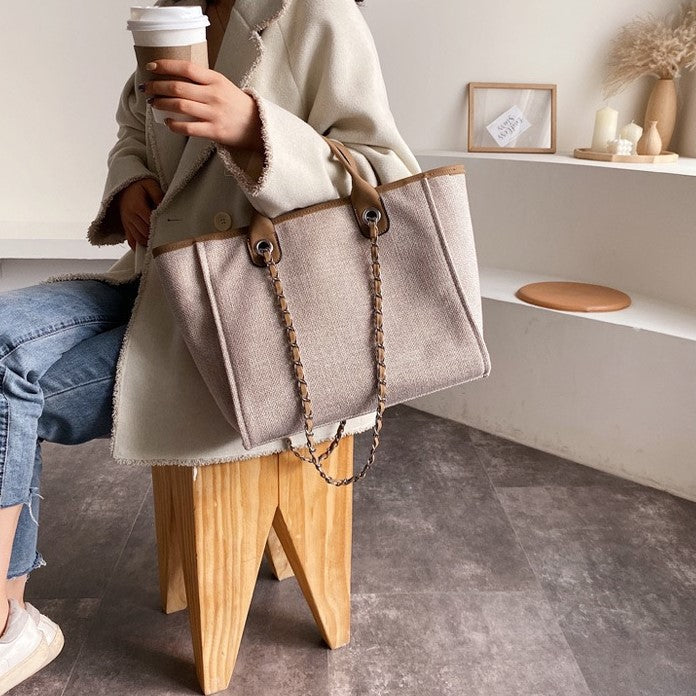 Tote Bag Textured Canvas with Chain Strap and Faux Leather Handle
