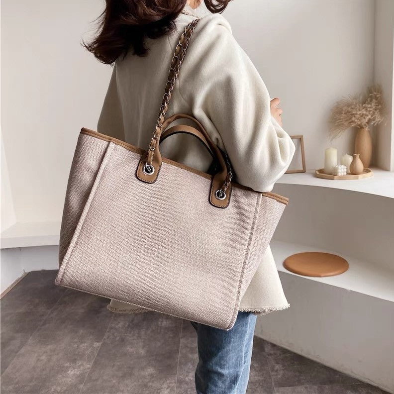 Tote Bag Textured Canvas with Chain Strap and Faux Leather Handle