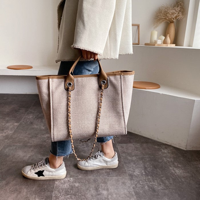 Tote Bag Textured Canvas with Chain Strap and Faux Leather Handle