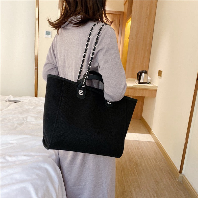 Tote Bag Textured Canvas with Chain Strap and Faux Leather Handle