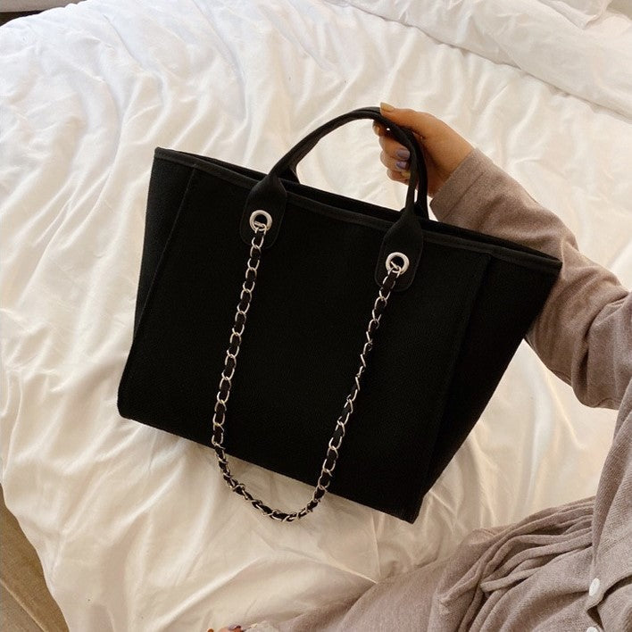 Tote Bag Textured Canvas with Chain Strap and Faux Leather Handle