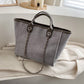 Tote Bag Textured Canvas with Chain Strap and Faux Leather Handle