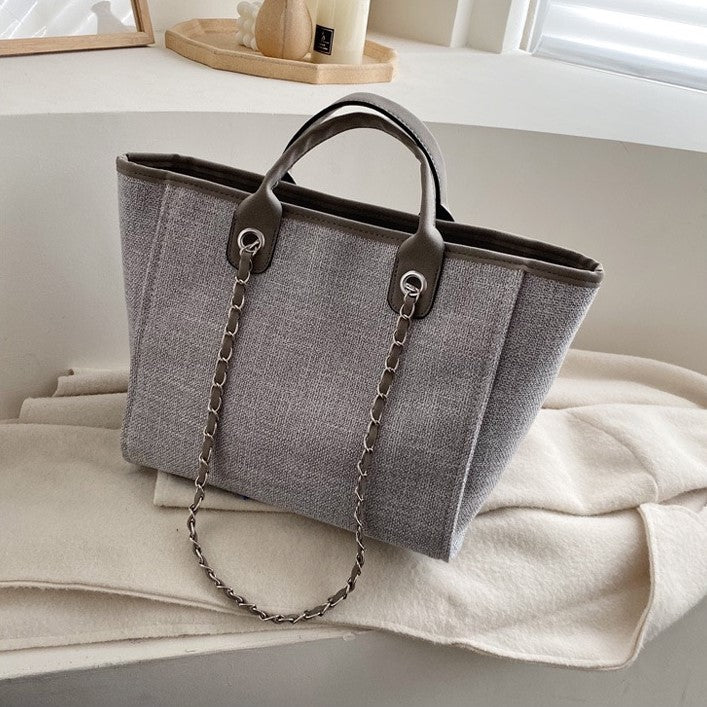 Tote Bag Textured Canvas with Chain Strap and Faux Leather Handle