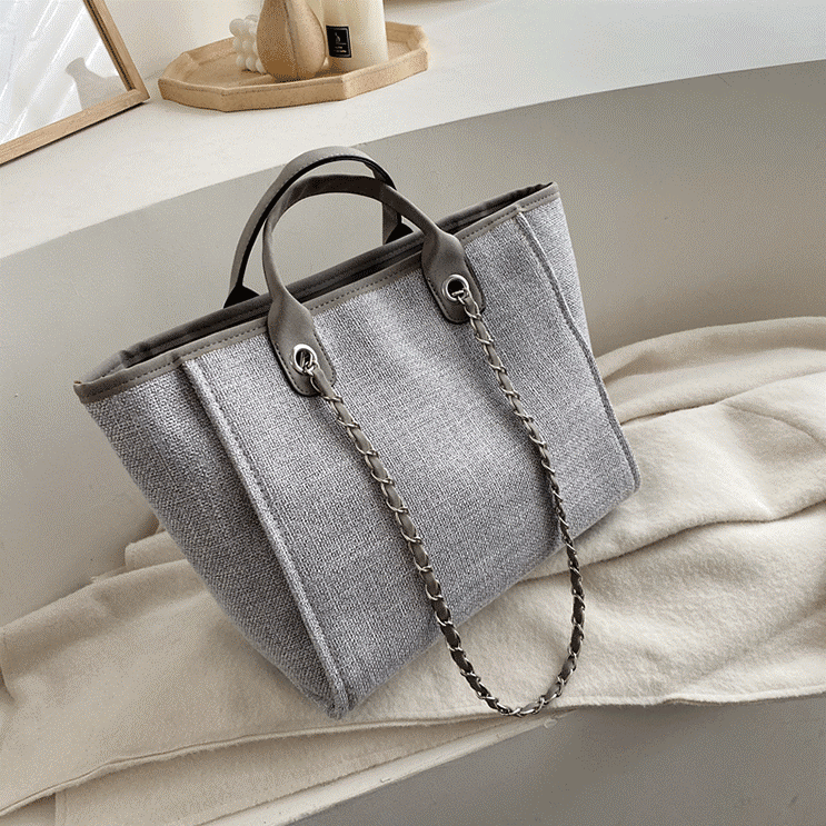 Tote Bag Textured Canvas with Chain Strap and Faux Leather Handle