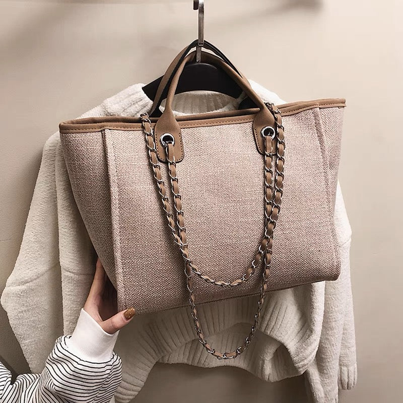 Tote Bag Textured Canvas with Chain Strap and Faux Leather Handle
