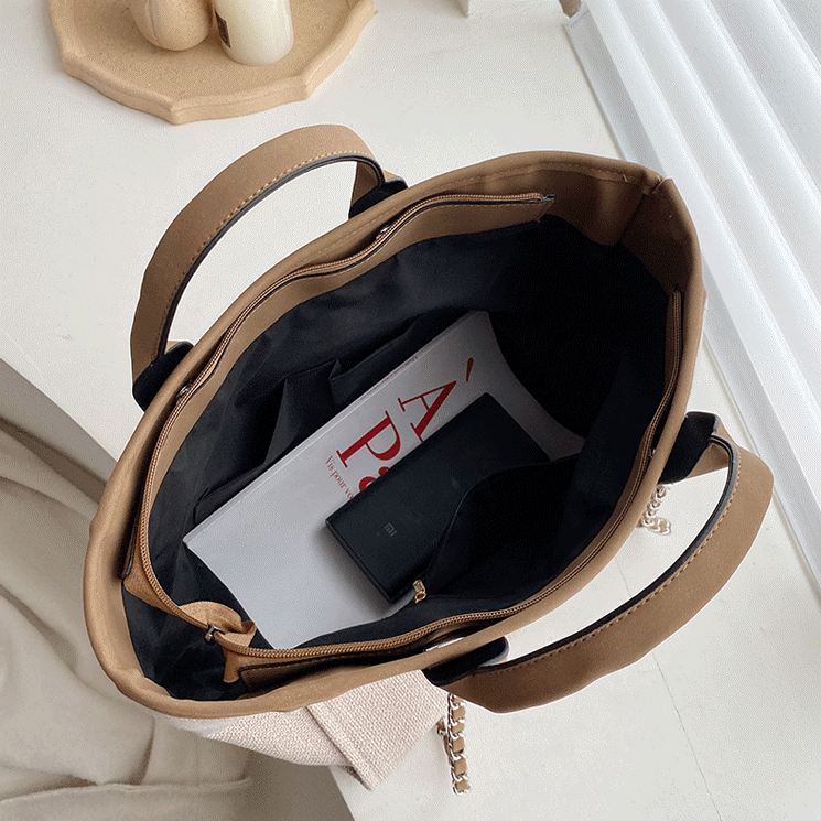Tote Bag Textured Canvas with Chain Strap and Faux Leather Handle