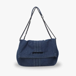 Shoulder Bag Upcycled Denim with Chain Handles and Snap Closure