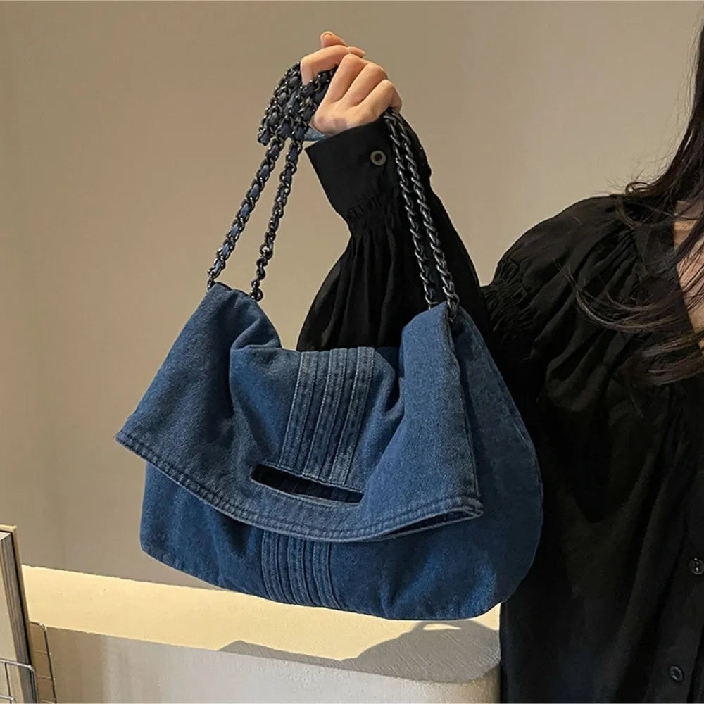 Shoulder Bag Upcycled Denim with Chain Handles and Snap Closure