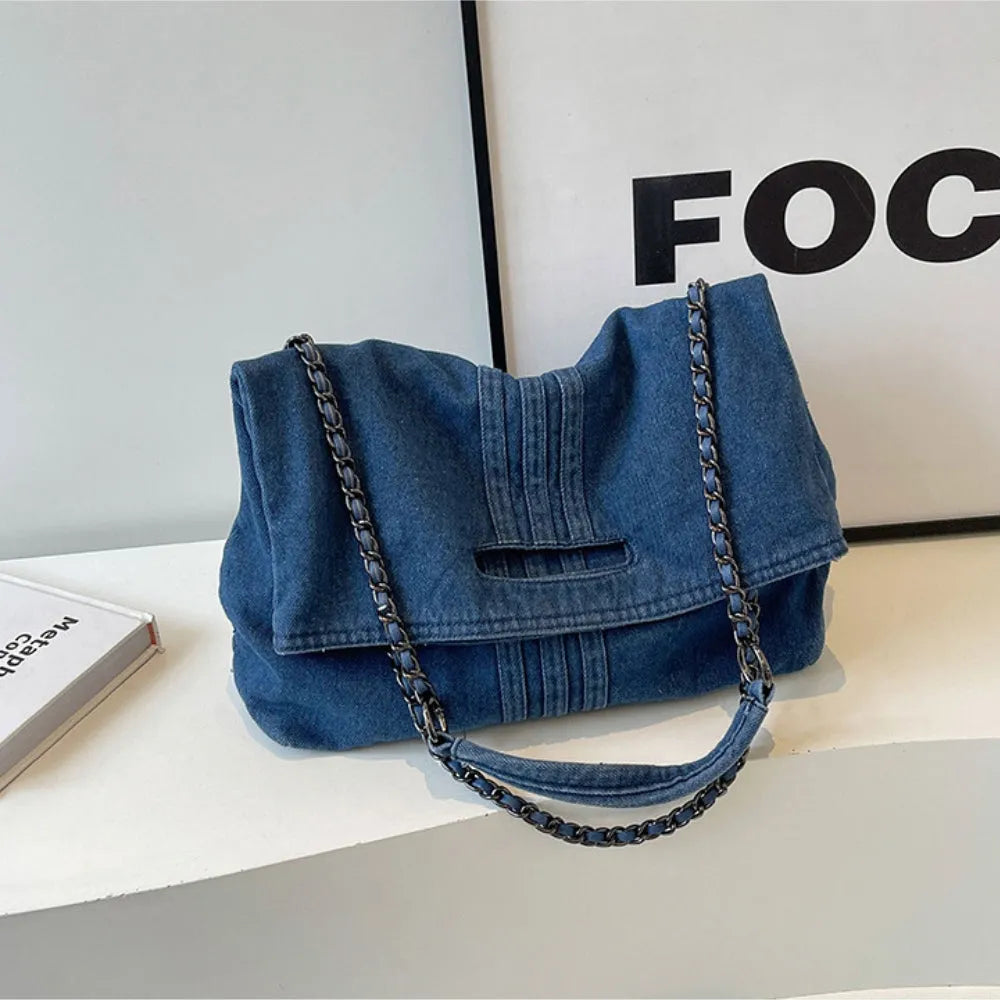 Shoulder Bag Upcycled Denim with Chain Handles and Snap Closure
