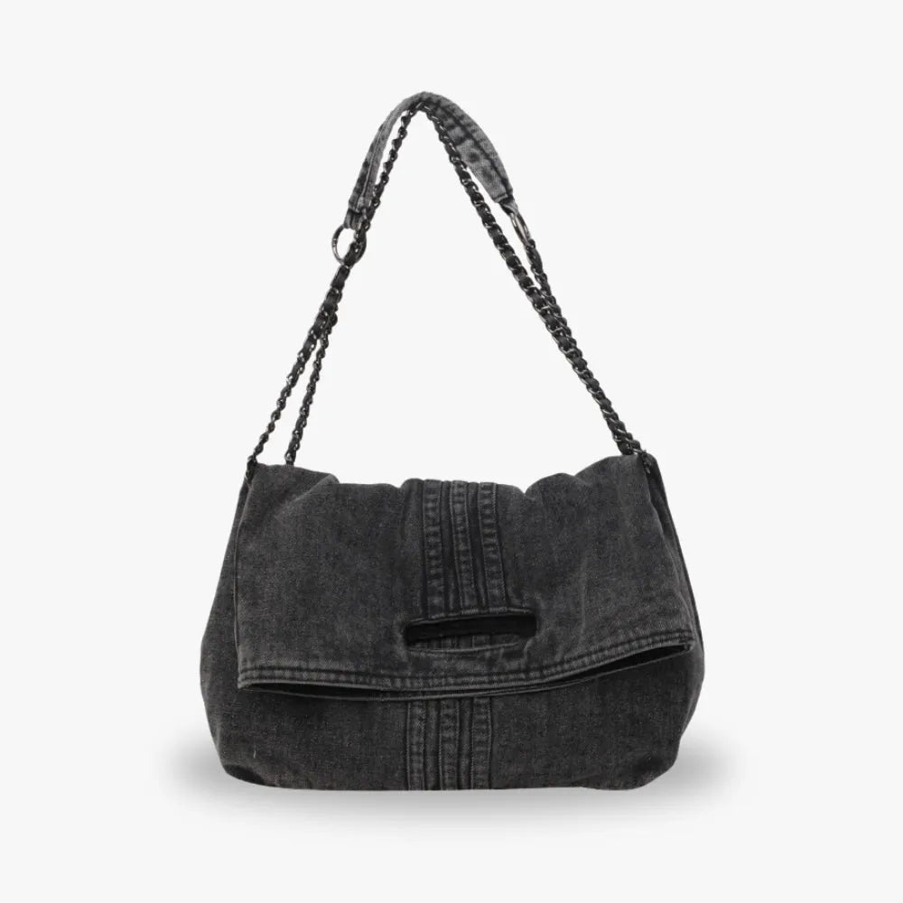 Shoulder Bag Upcycled Denim with Chain Handles and Snap Closure