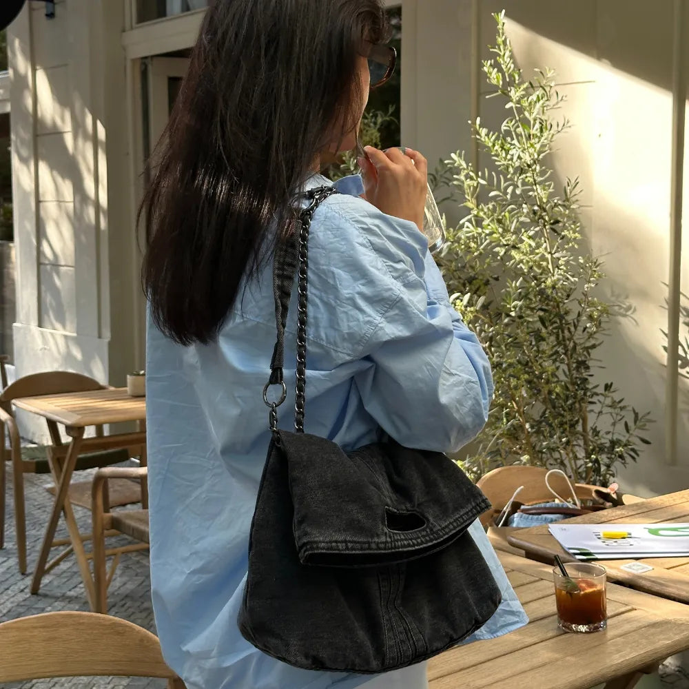 Shoulder Bag Upcycled Denim with Chain Handles and Snap Closure
