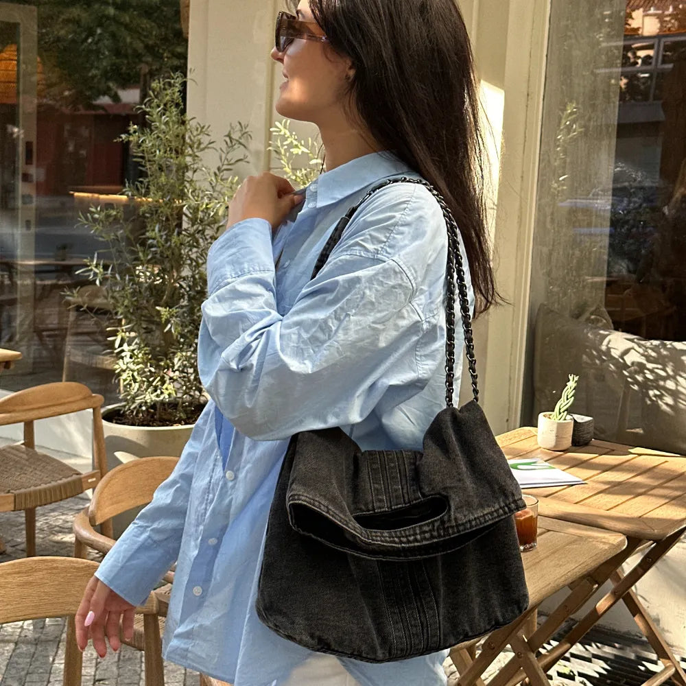 Shoulder Bag Upcycled Denim with Chain Handles and Snap Closure