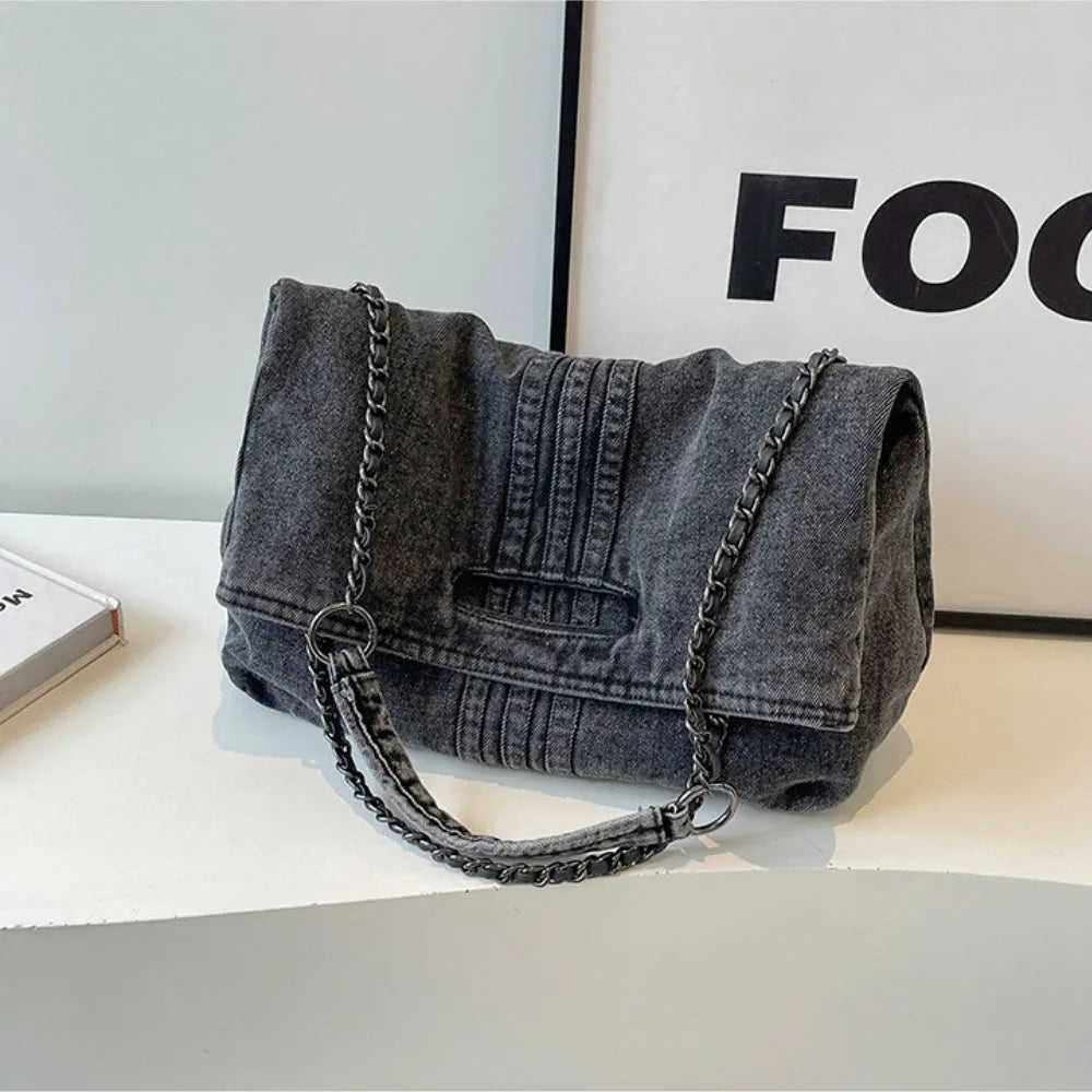 Shoulder Bag Upcycled Denim with Chain Handles and Snap Closure