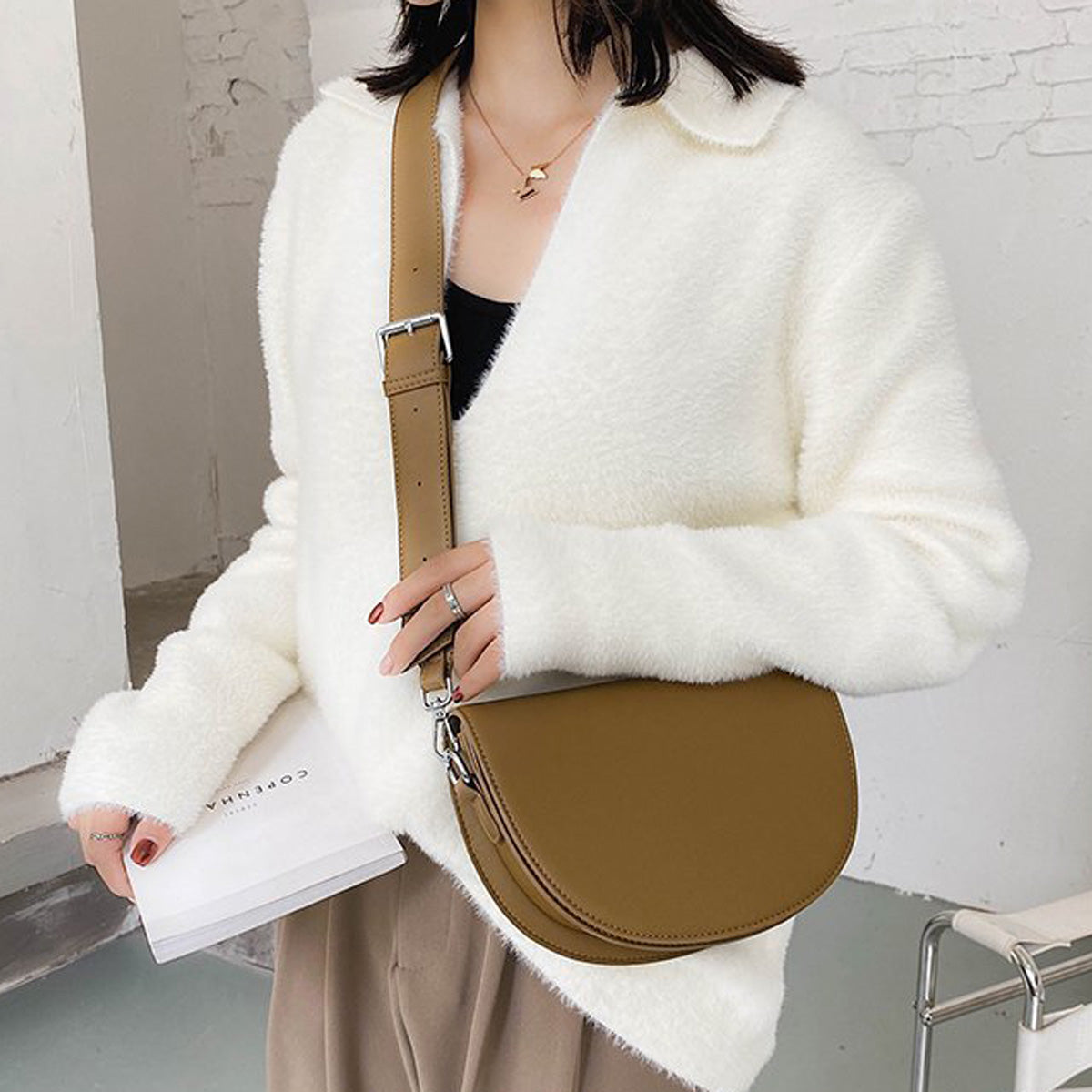 Crescent Bag Faux Leather with Zip and Removable Strap