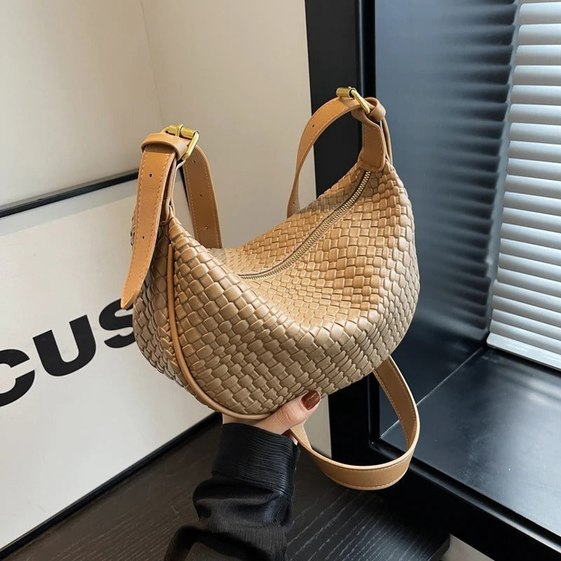 Crescent Bag Faux Leather Woven Detail with Zip and Strap
