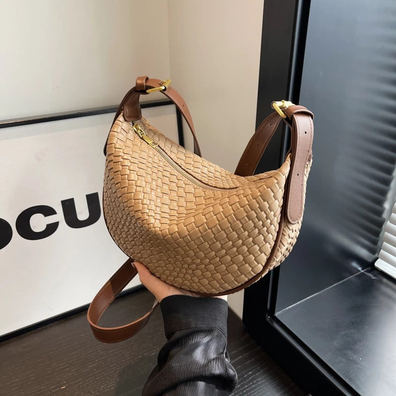 Crescent Bag Faux Leather Woven Detail with Zip and Strap