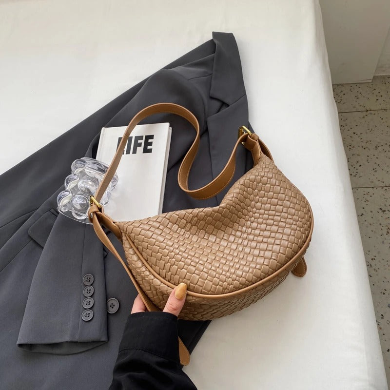 Crescent Bag Faux Leather Woven Detail with Zip and Strap