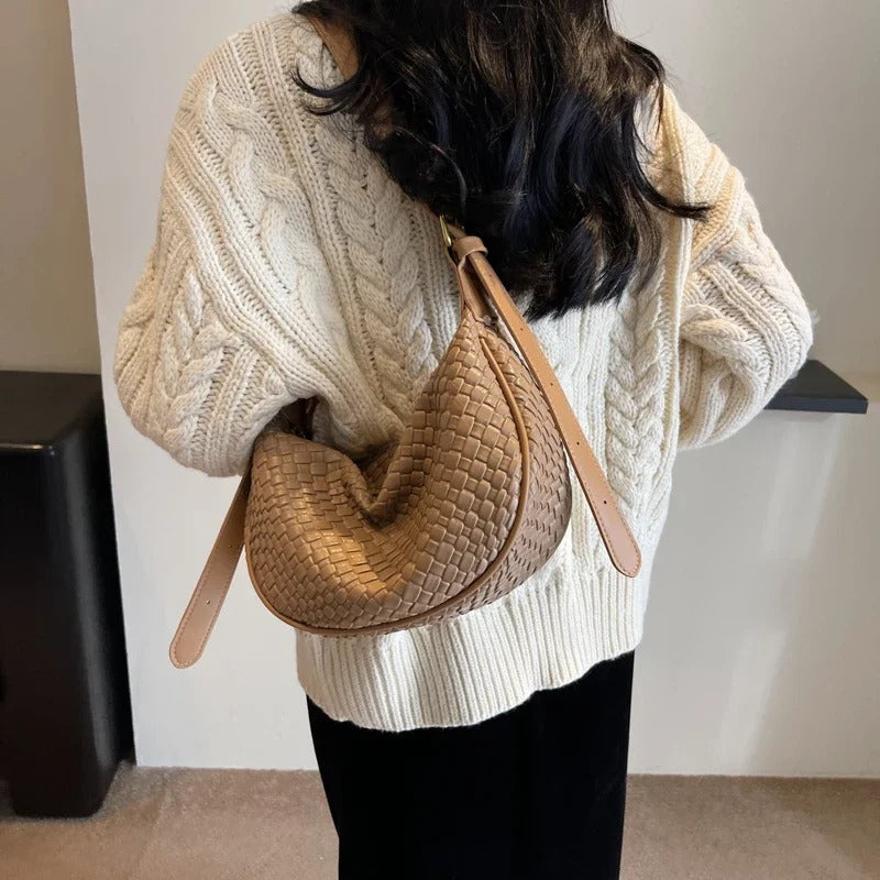 Crescent Bag Faux Leather Woven Detail with Zip and Strap