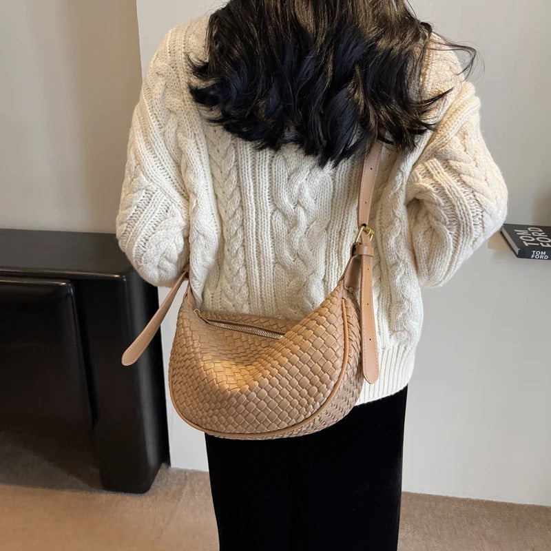 Crescent Bag Faux Leather Woven Detail with Zip and Strap