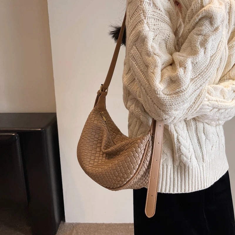 Crescent Bag Faux Leather Woven Detail with Zip and Strap