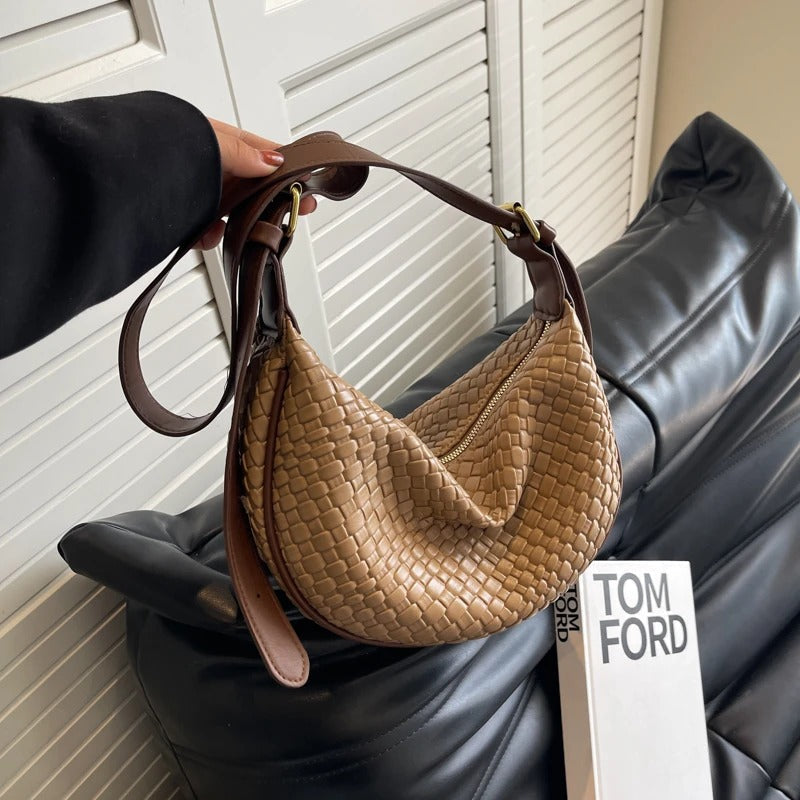 Crescent Bag Faux Leather Woven Detail with Zip and Strap