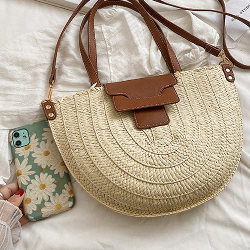 Tote Bag Straw with Faux Leather Trim and Removable Strap