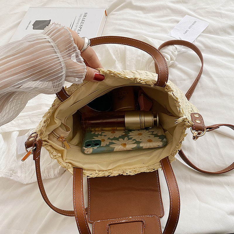 Tote Bag Straw with Faux Leather Trim and Removable Strap