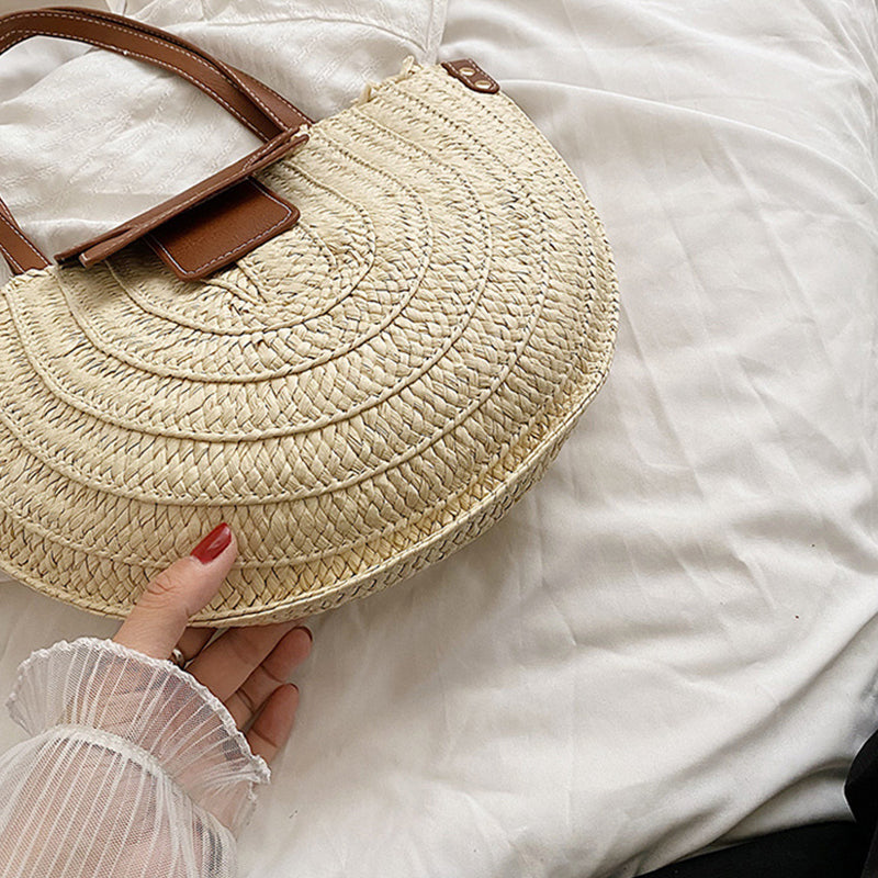 Tote Bag Straw with Faux Leather Trim and Removable Strap