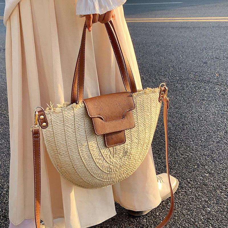 Tote Bag Straw with Faux Leather Trim and Removable Strap