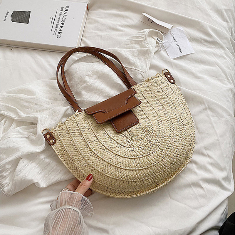 Tote Bag Straw with Faux Leather Trim and Removable Strap